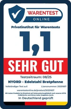 Warentest Online: Note 1,1 sehr gut für die NYORD Edelstahl Bratpfanne (Testzeitraum 08/25)