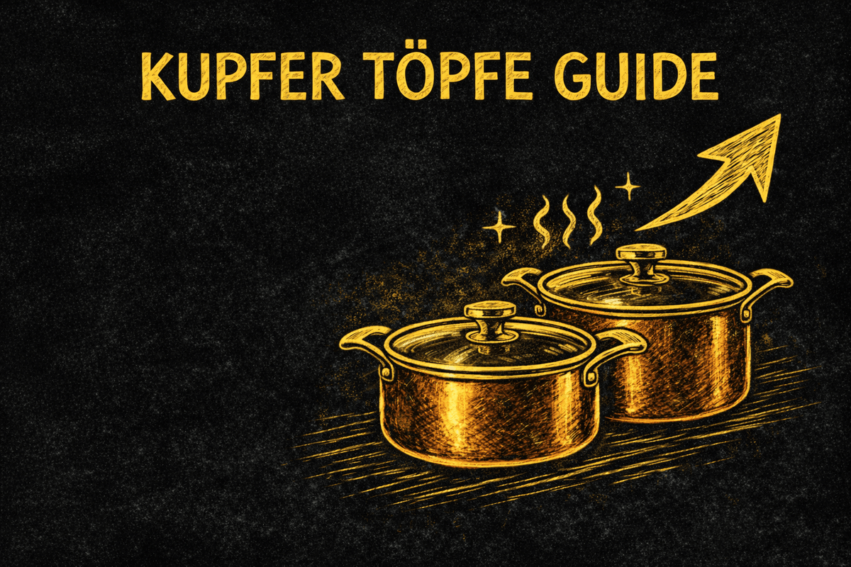 Illustration: zwei Kupfertöpfe mit Deckel auf dunklem Grund, Titelbild zum Ratgeber Kupfertöpfe kaufen