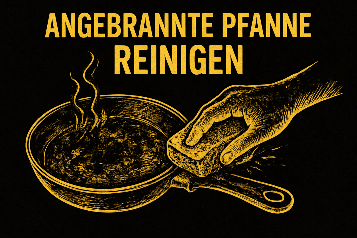 Angebrannte Pfanne reinigen: Illustration einer Hand, die eine verkrustete Pfanne mit einem Schwamm säubert