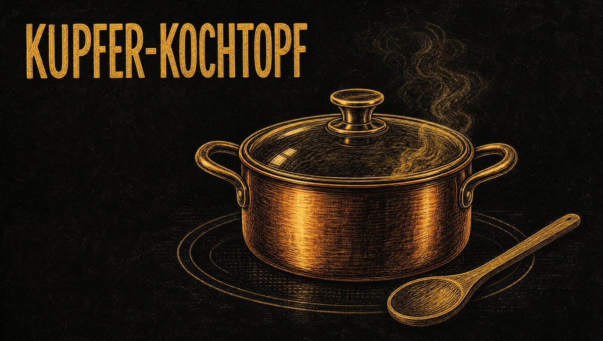Kreidezeichnung auf schwarzer Tafel: Kupfer-Kochtopf mit Glasdeckel auf dem Induktionsfeld