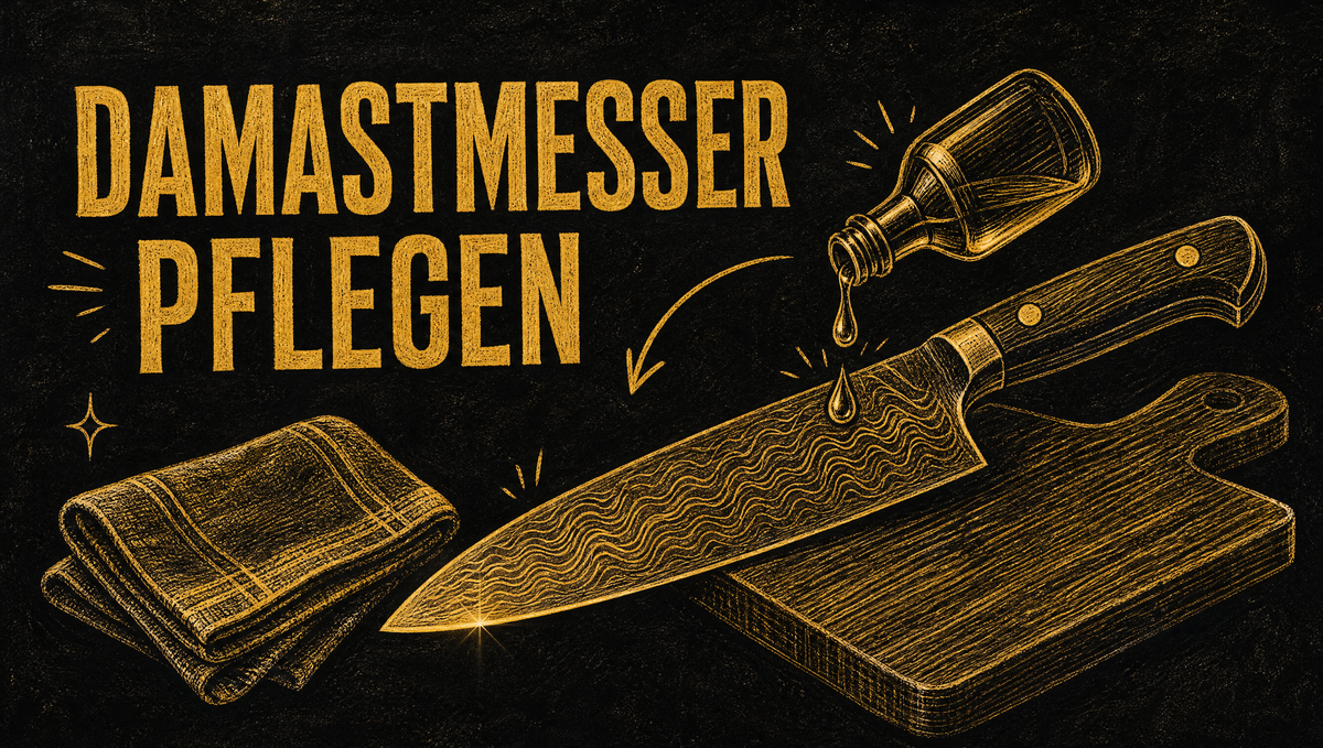Kreidezeichnung auf schwarzer Tafel: Damastmesser mit Öltropfen und Tuch, Damastmesser pflegen