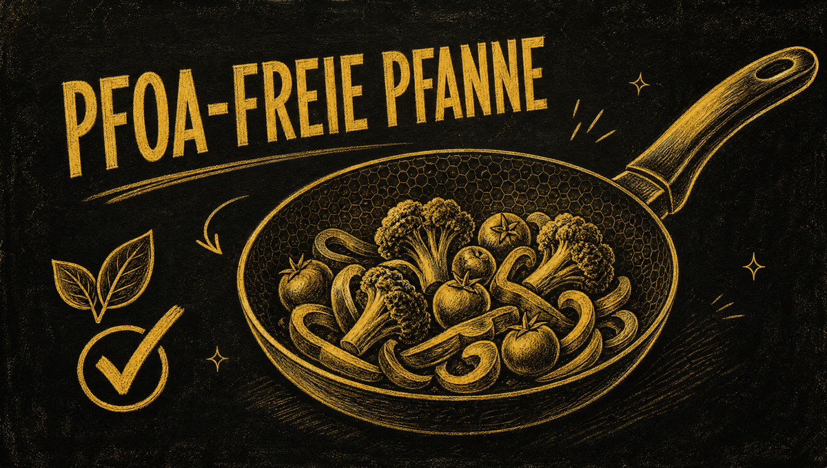 Kreidezeichnung auf schwarzer Tafel: PFOA-freie Pfanne mit Wabenstruktur und frischem Gemüse