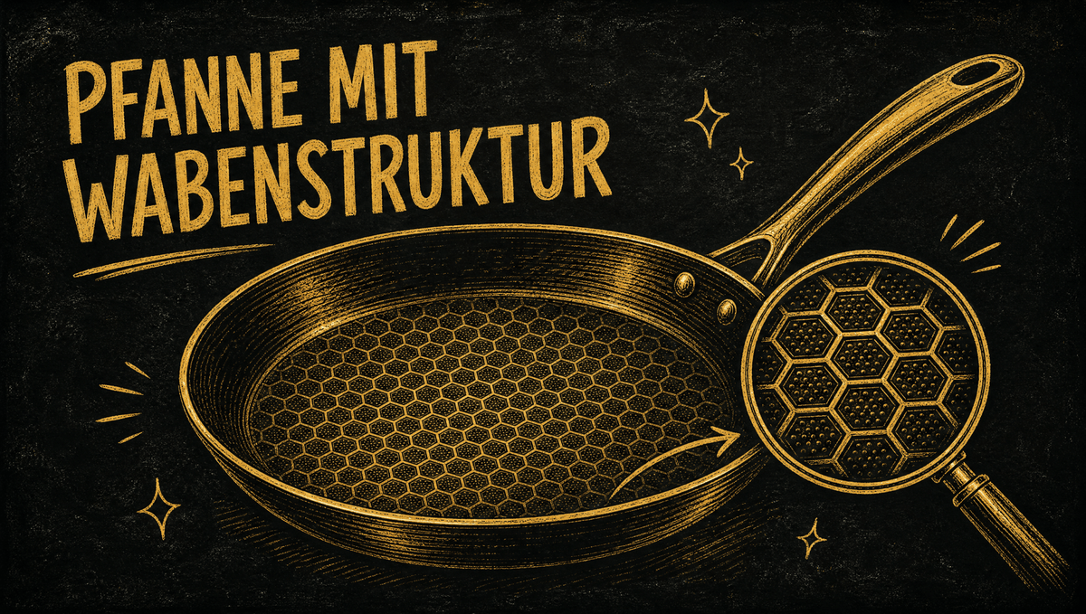 Kreidezeichnung auf schwarzer Tafel: Pfanne mit Wabenstruktur und Lupe auf den Waben
