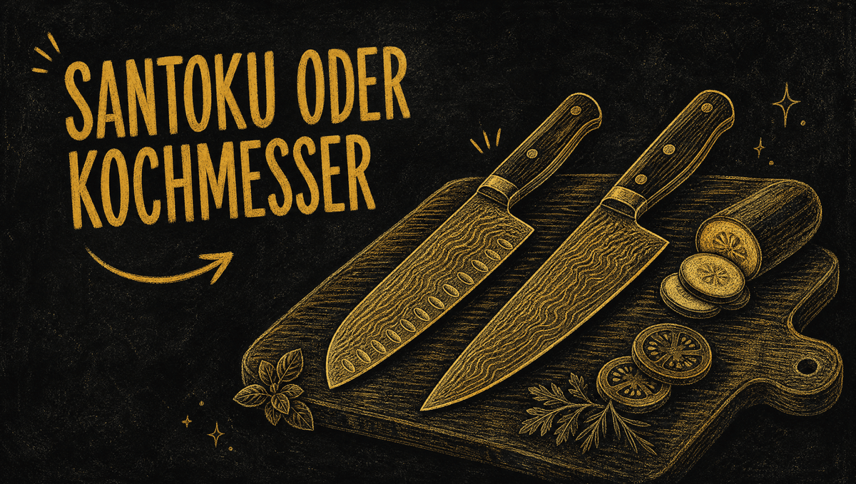 Kreidezeichnung auf schwarzer Tafel: Santoku und Kochmesser mit Damastmuster, Santoku oder Kochmesser im Vergleich