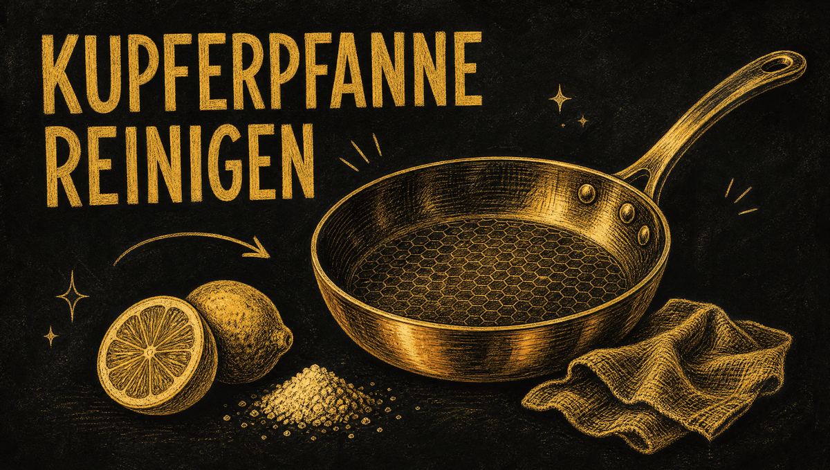 Kreidezeichnung auf schwarzer Tafel: Kupferpfanne mit Wabenmuster, Zitrone, Salz und Tuch, Kupferpfanne reinigen