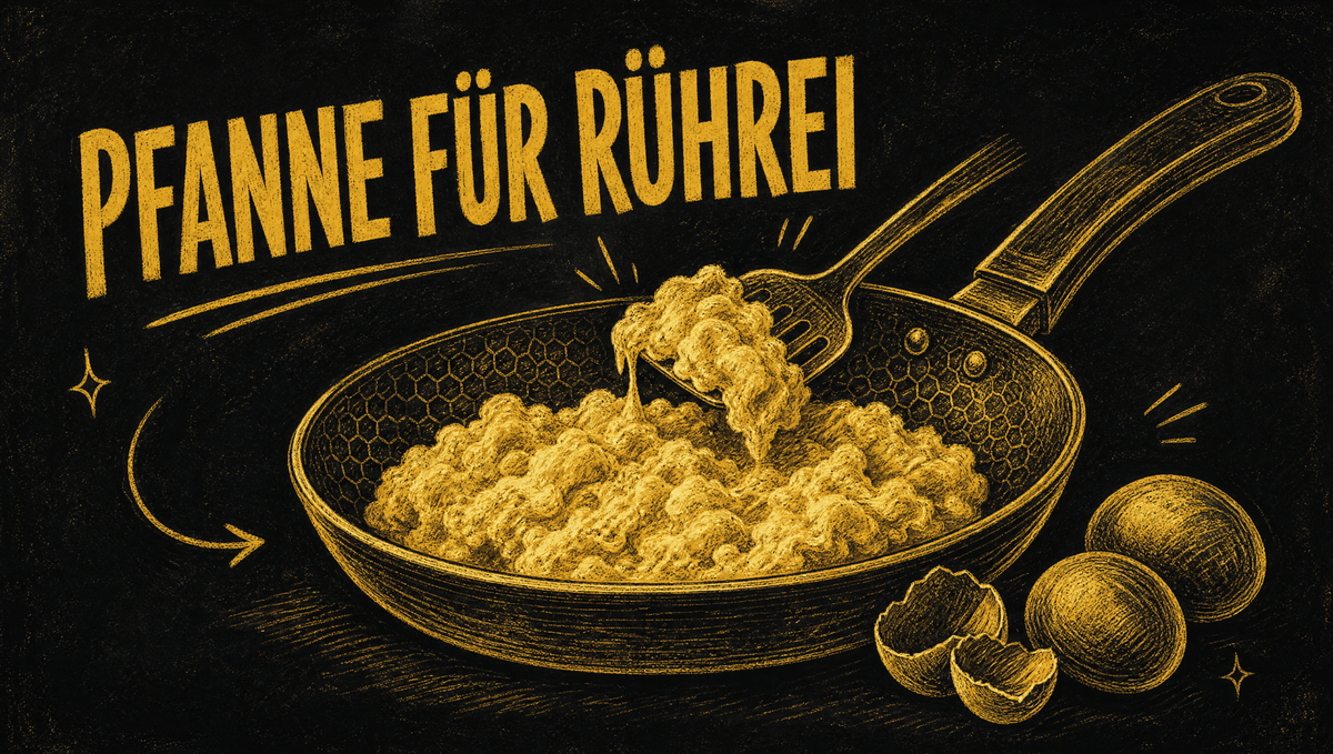 Kreidezeichnung auf schwarzer Tafel: Pfanne mit Wabenstruktur und cremigem Rührei, daneben Eier