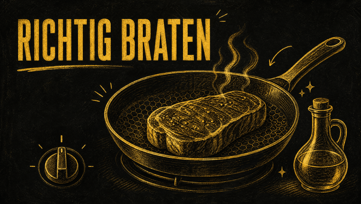 Kreidezeichnung auf schwarzer Tafel: Steak in der Pfanne bei mittlerer Hitze, daneben Öl, richtig braten