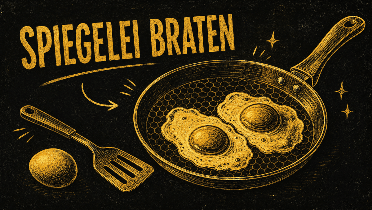 Kreidezeichnung auf schwarzer Tafel: Pfanne mit zwei Spiegeleiern und Pfannenwender, Spiegelei braten