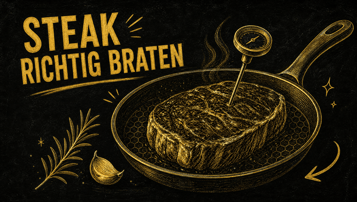 Kreidezeichnung auf schwarzer Tafel: Steak in Pfanne mit Wabenmuster und Thermometer, Steak in der Pfanne braten