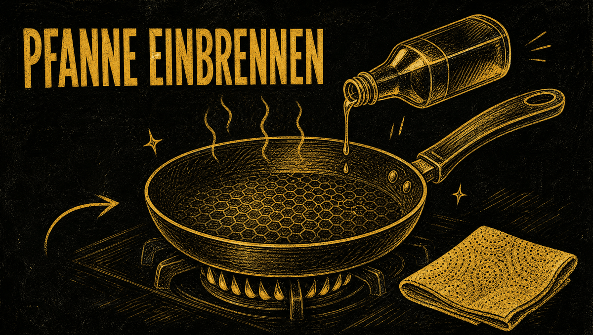 Kreidezeichnung auf schwarzer Tafel: Pfanne mit Wabenmuster, Öl und Küchenpapier, Keramikpfanne einbrennen