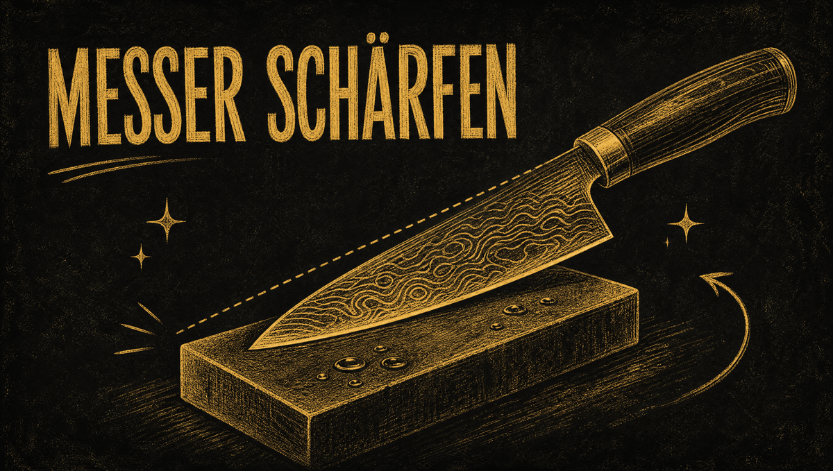 Kreidezeichnung auf schwarzer Tafel: Damastmesser auf dem Schleifstein mit Schleifwinkel, Messer schärfen