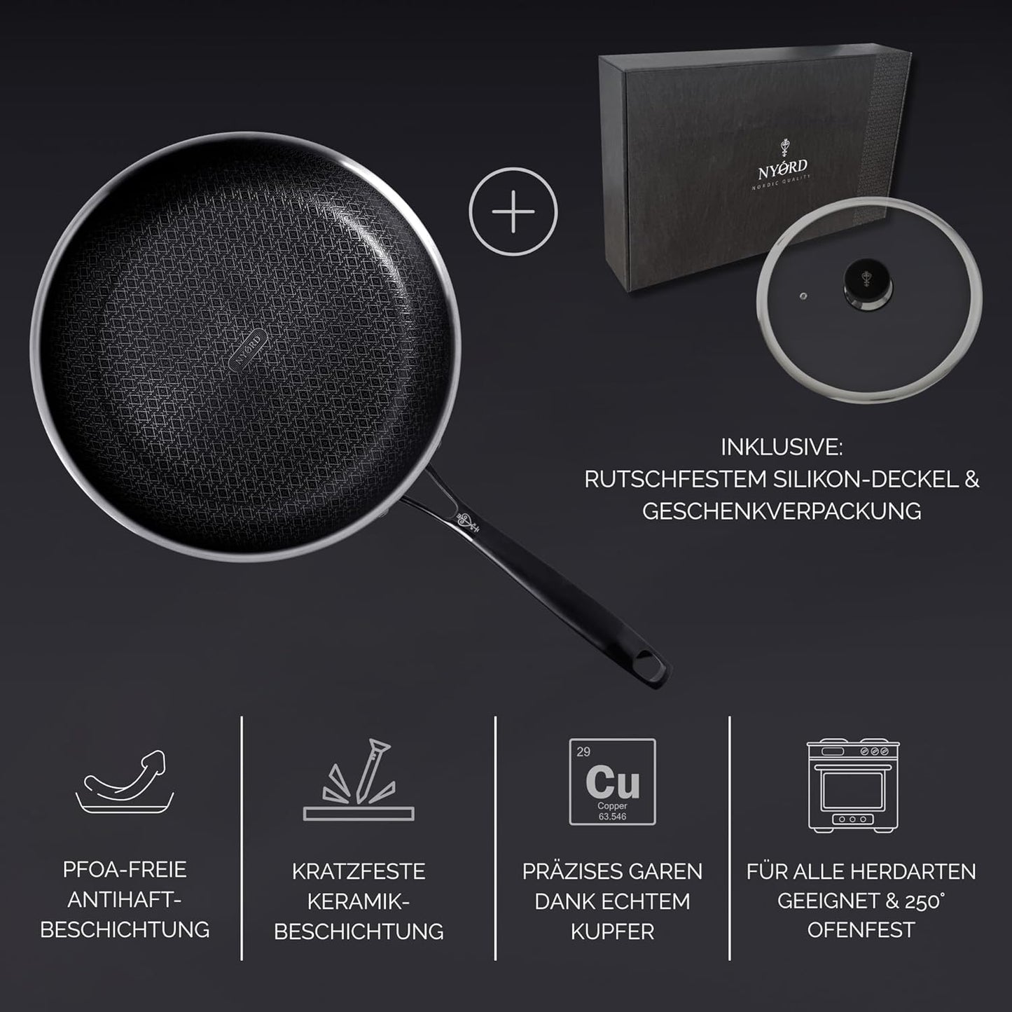 Edelstahlpfanne von NYORD Kratzfest PFOA-Frei Antihaftbeschichtung Keramikschichtung Kupfer Alle Herdarten Ofenfest 250° 