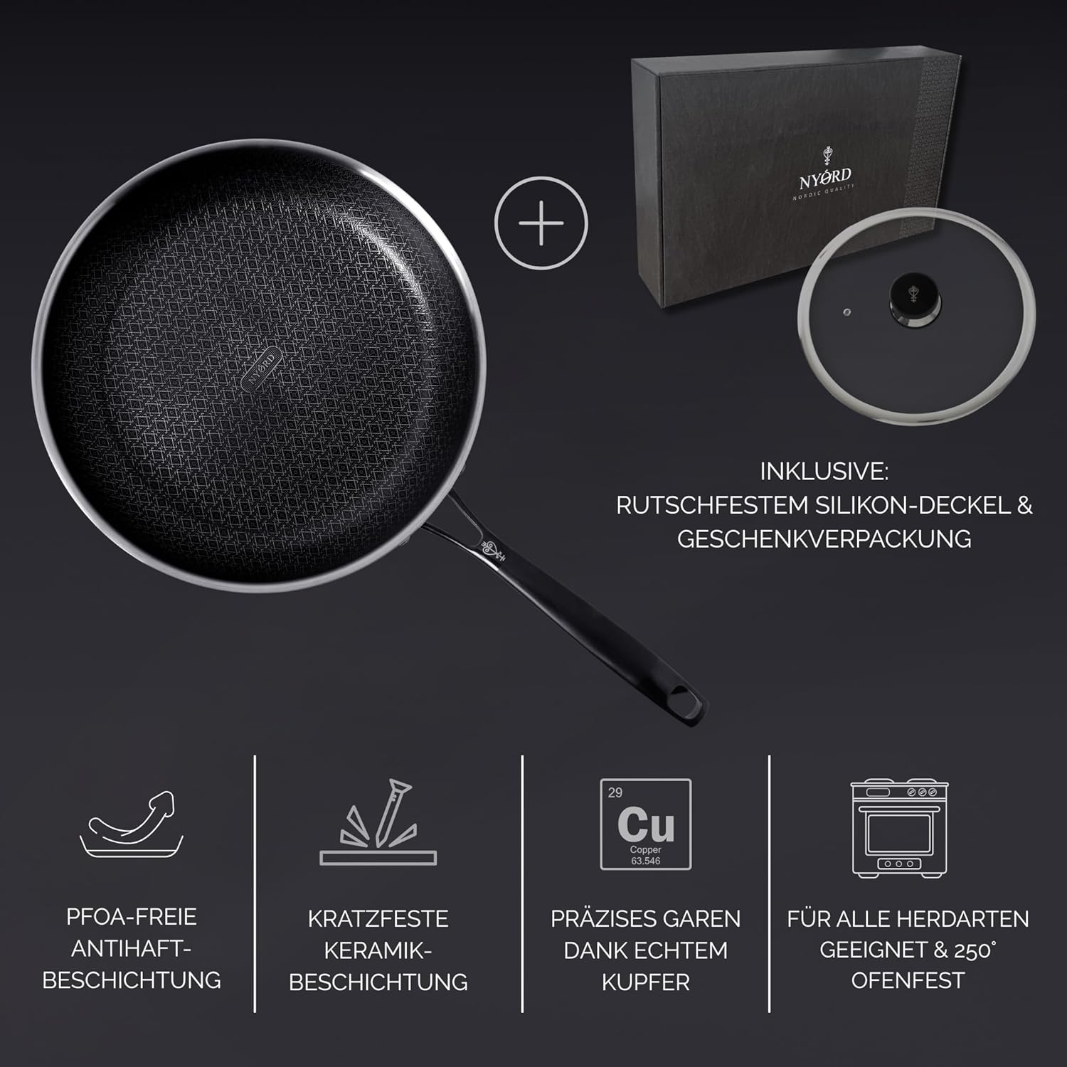 Edelstahlpfanne von NYORD Kratzfest PFOA-Frei Antihaftbeschichtung Keramikschichtung Kupfer Alle Herdarten Ofenfest 250° 