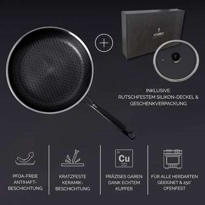 Edelstahlpfanne von NYORD Kratzfest PFOA-Frei Antihaftbeschichtung Keramikschichtung Kupfer Alle Herdarten Ofenfest 250° 
