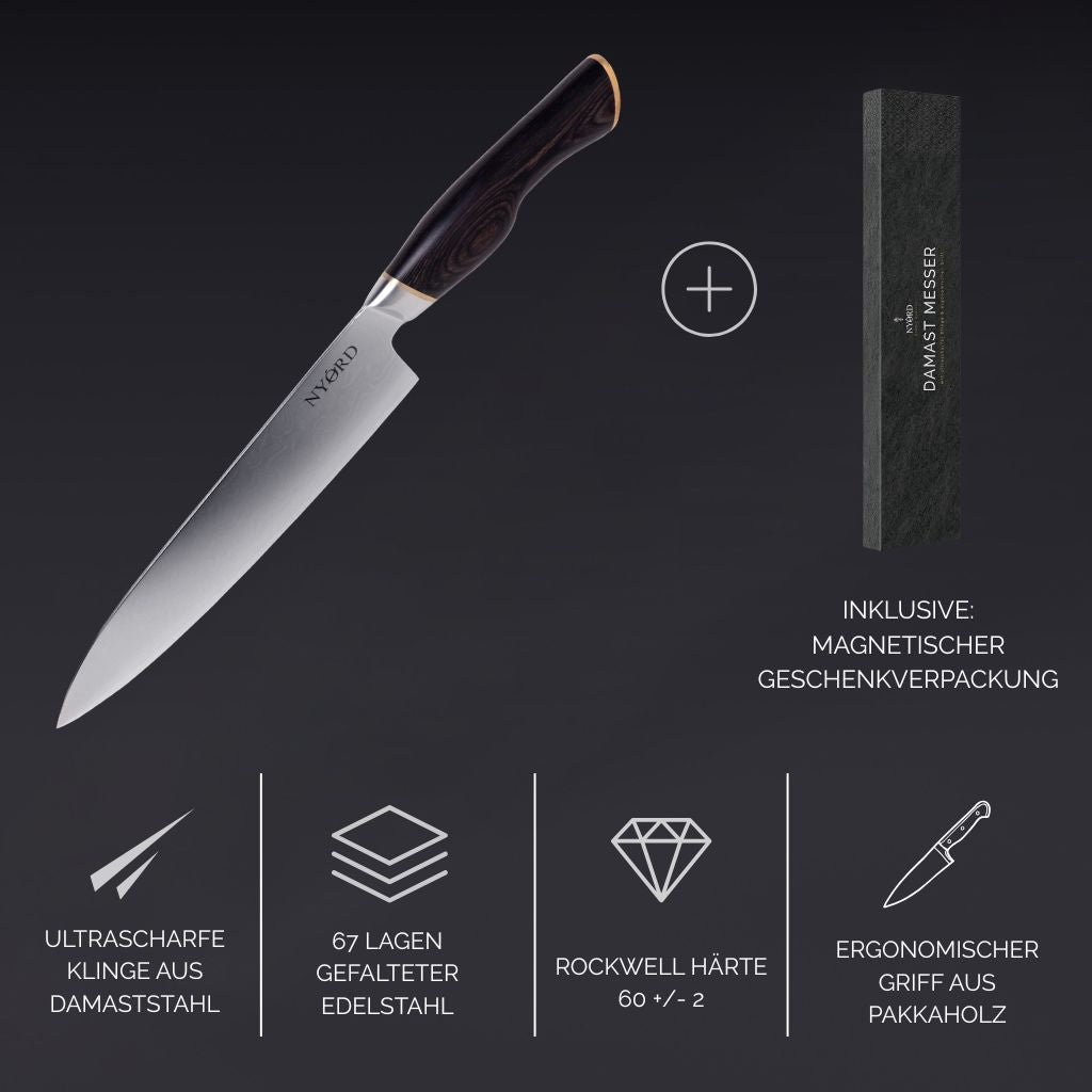 Damast Chefmesser von NYORD  Scharfe Klinge aus Damastahl 67 Lagen gefalteter Edelstahl Ergonomischer Griff aus Pakkaholz Rockwell Härte 60 +/- 2