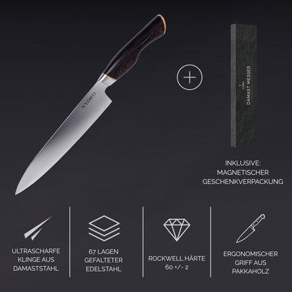 Damast Chefmesser von NYORD  Scharfe Klinge aus Damastahl 67 Lagen gefalteter Edelstahl Ergonomischer Griff aus Pakkaholz Rockwell Härte 60 +/- 2