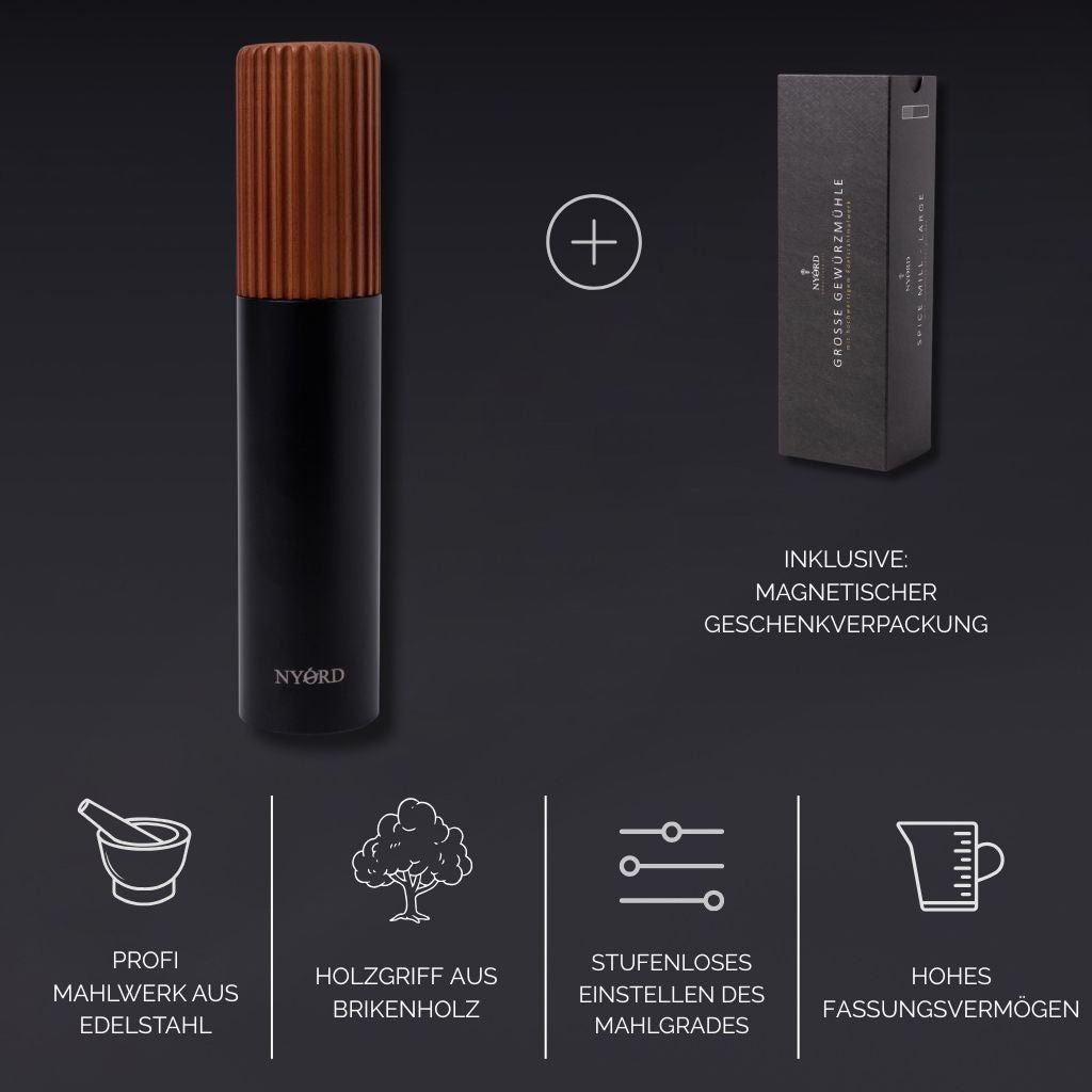 Gewürzmühle schwarz  inklusive Magnetischer Geschenkverpackung Edelstahl Holzgriff aus Birkenholz Stufenloses einstellen Mahlgrades Hohes Fassungsvermögen 