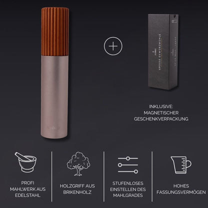 Gewürzmühle Champagner  inklusive Magnetischer Geschenkverpackung Edelstahl Holzgriff aus Birkenholz Stufenloses einstellen Mahlgrades Hohes Fassungsvermögen 