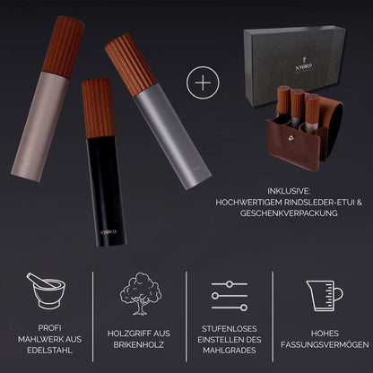 Gewürzmühlen Reise Set mit Rindsleder-Etui & Geschenkverpackung Edelstahl Holzgriff aus Birkenholz Stufenloses einstellen Mahlgrades Hohes Fassungsvermögen 
