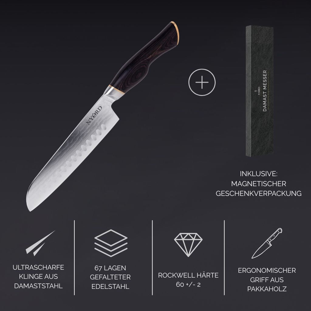 Damast Santokumesser von NYORD NYORD Scharfe Klinge aus Damastahl 67 Lagen gefalteter Edelstahl Ergonomischer Griff aus Pakkaholz Rockwell Härte 60 +/- 2