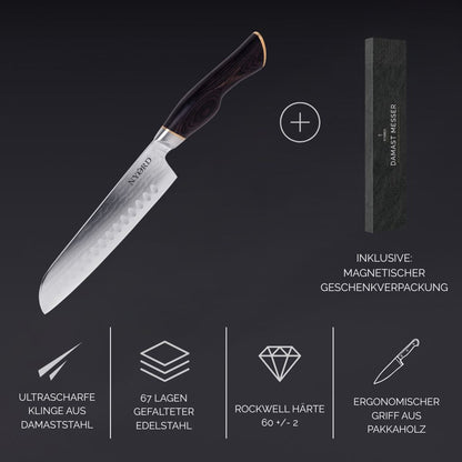Damast Santokumesser von NYORD NYORD Scharfe Klinge aus Damastahl 67 Lagen gefalteter Edelstahl Ergonomischer Griff aus Pakkaholz Rockwell Härte 60 +/- 2