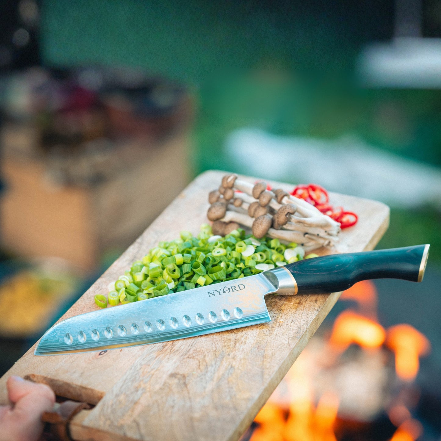 Das Santoku Messer liegt auf einem kleinen Brett
