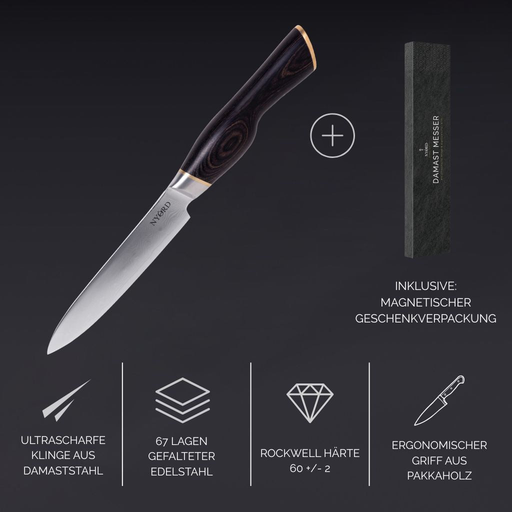 Damast Universalmesser von NYORD Scharfe Klinge aus Damastahl 67 Lagen gefalteter Edelstahl Ergonomischer Griff aus Pakkaholz Rockwell Härte 60 +/- 2